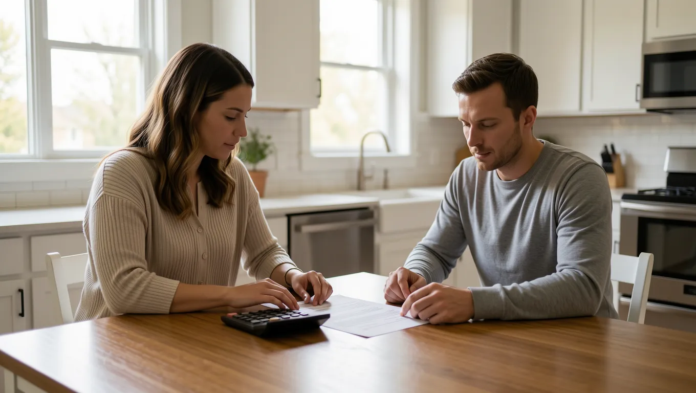 Two people discussing personal loan documents at a kitchen table