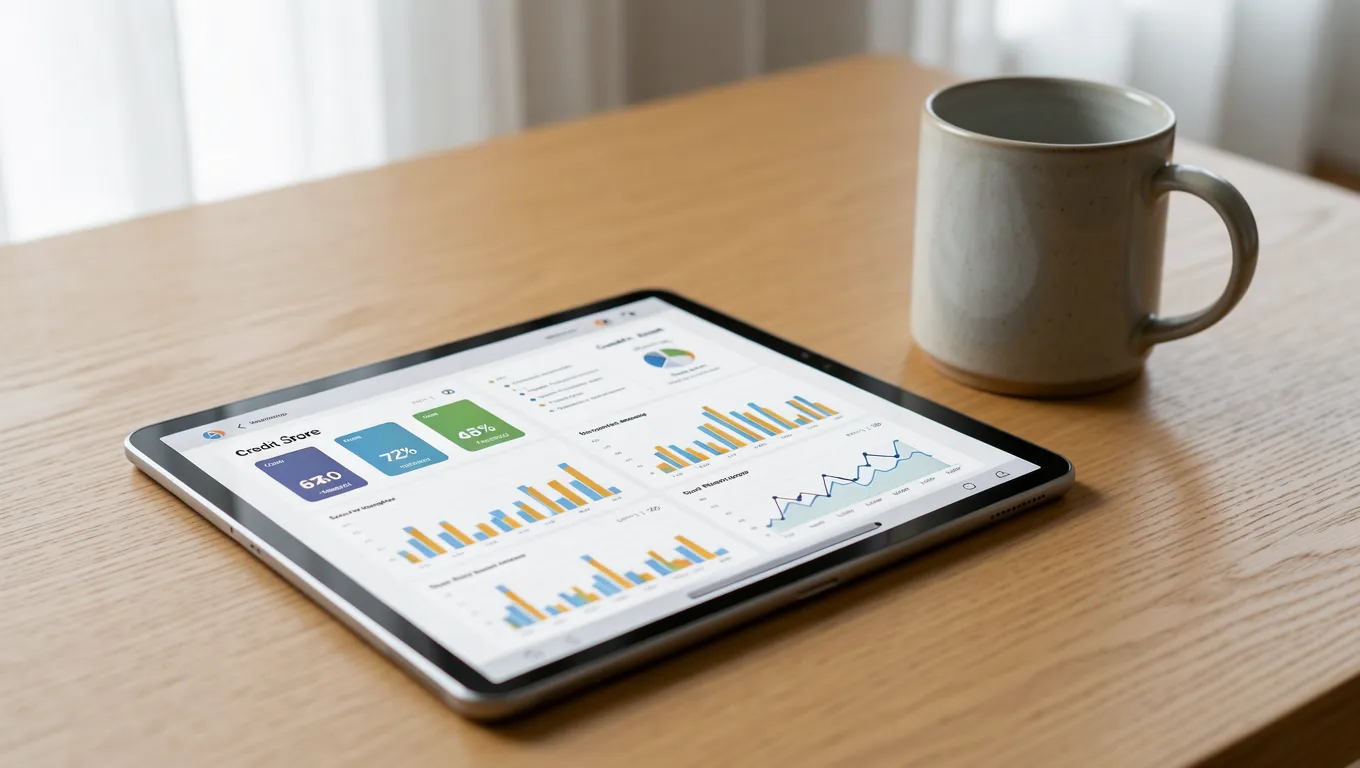 Digital tablet showing financial credit score data and graphs