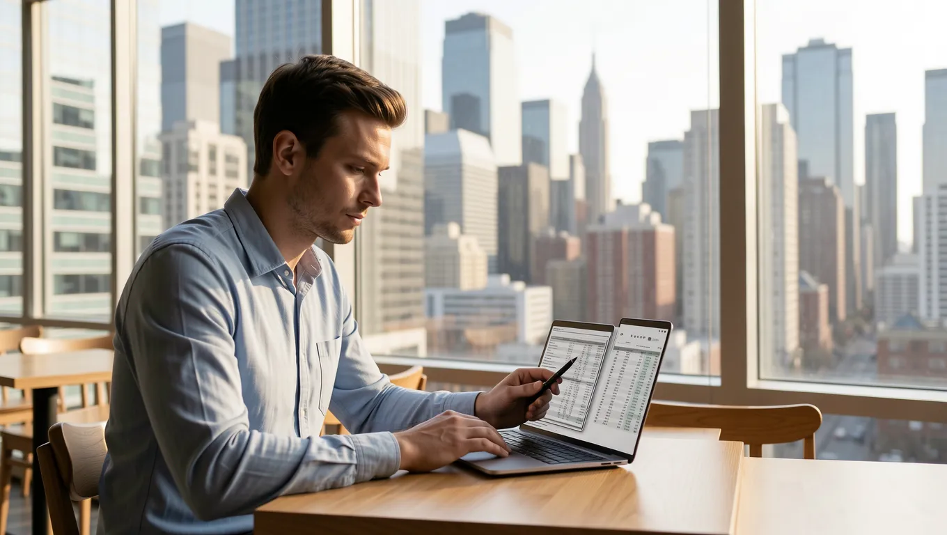 Professional working on finances in a bright Chicago cafe setting