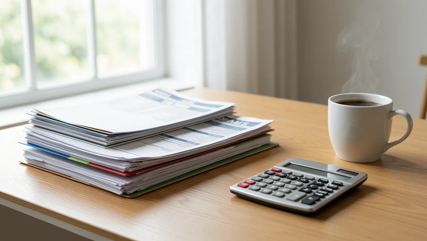 Organized financial documents and tax paperwork for loan application