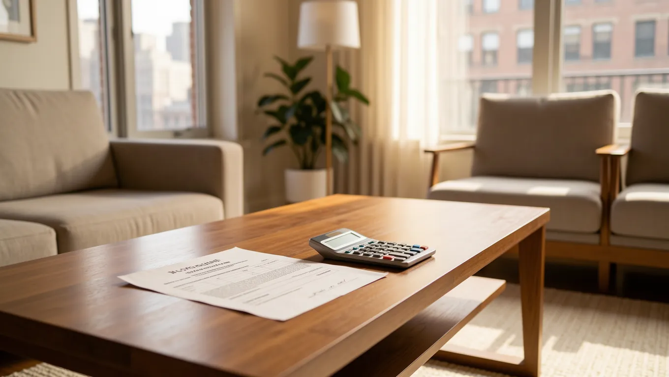 Lease agreement and calculator in a sunny Chicago apartment interior