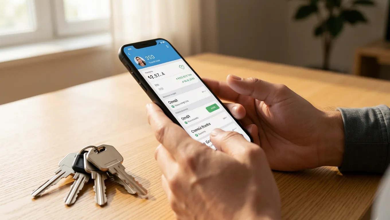 Person checking their credit score on a smartphone near house keys