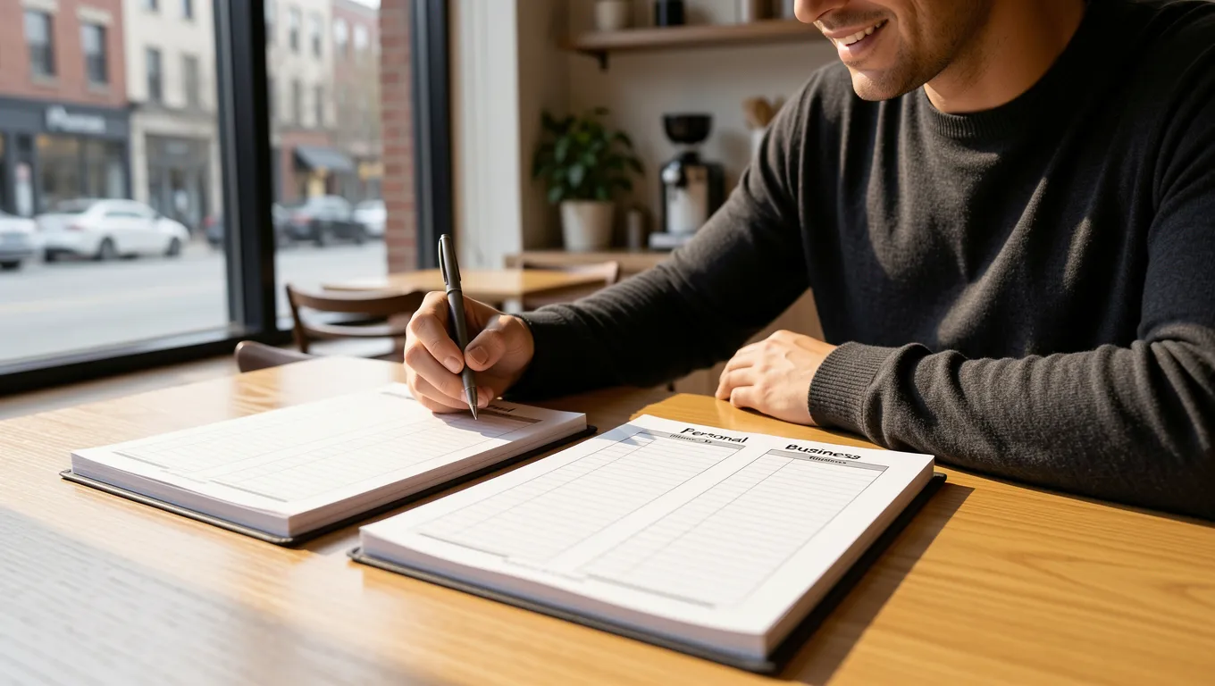 Small business owner reviewing personal and business ledgers in a cafe