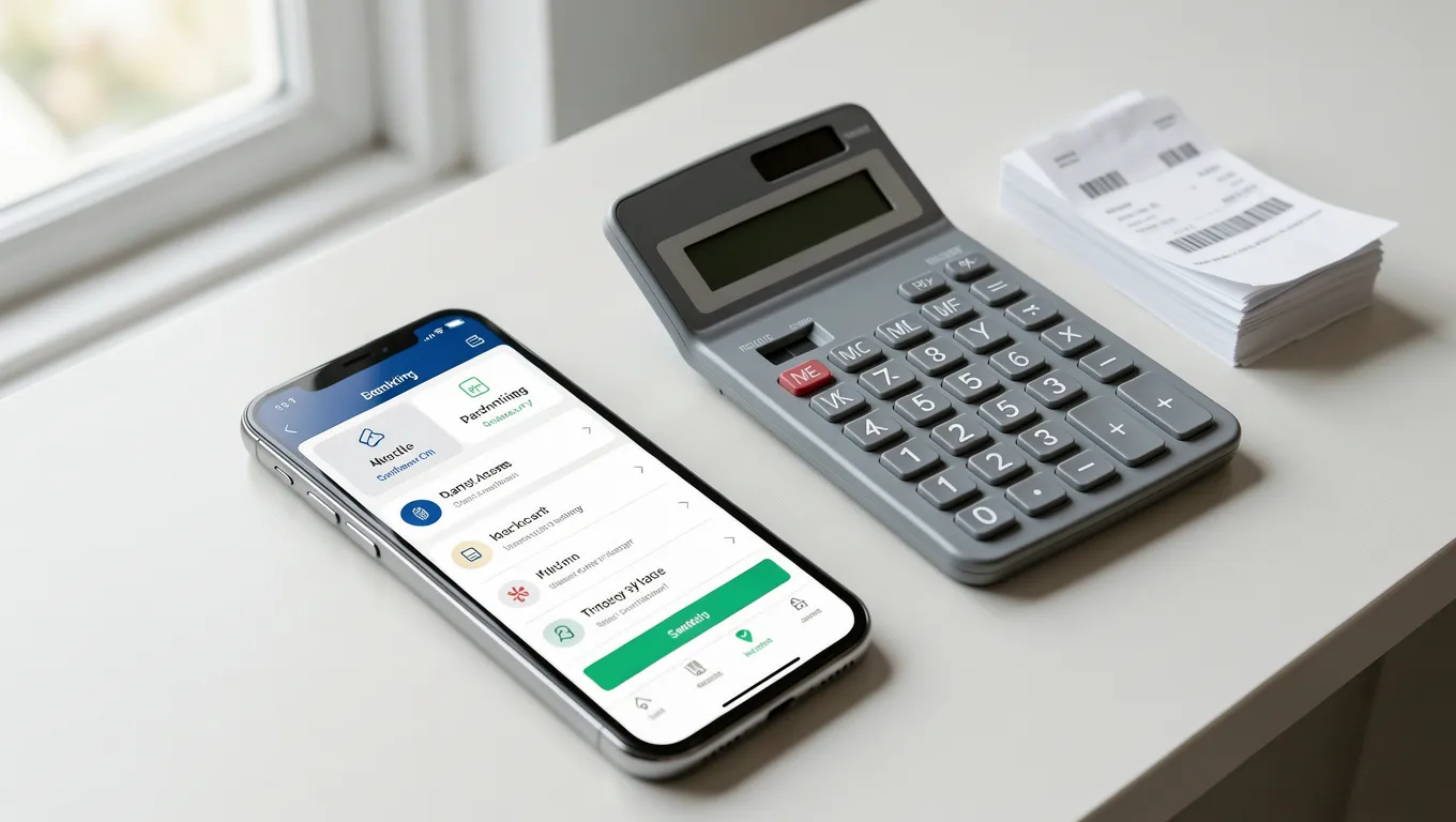 Professional workspace with banking app and financial tools
