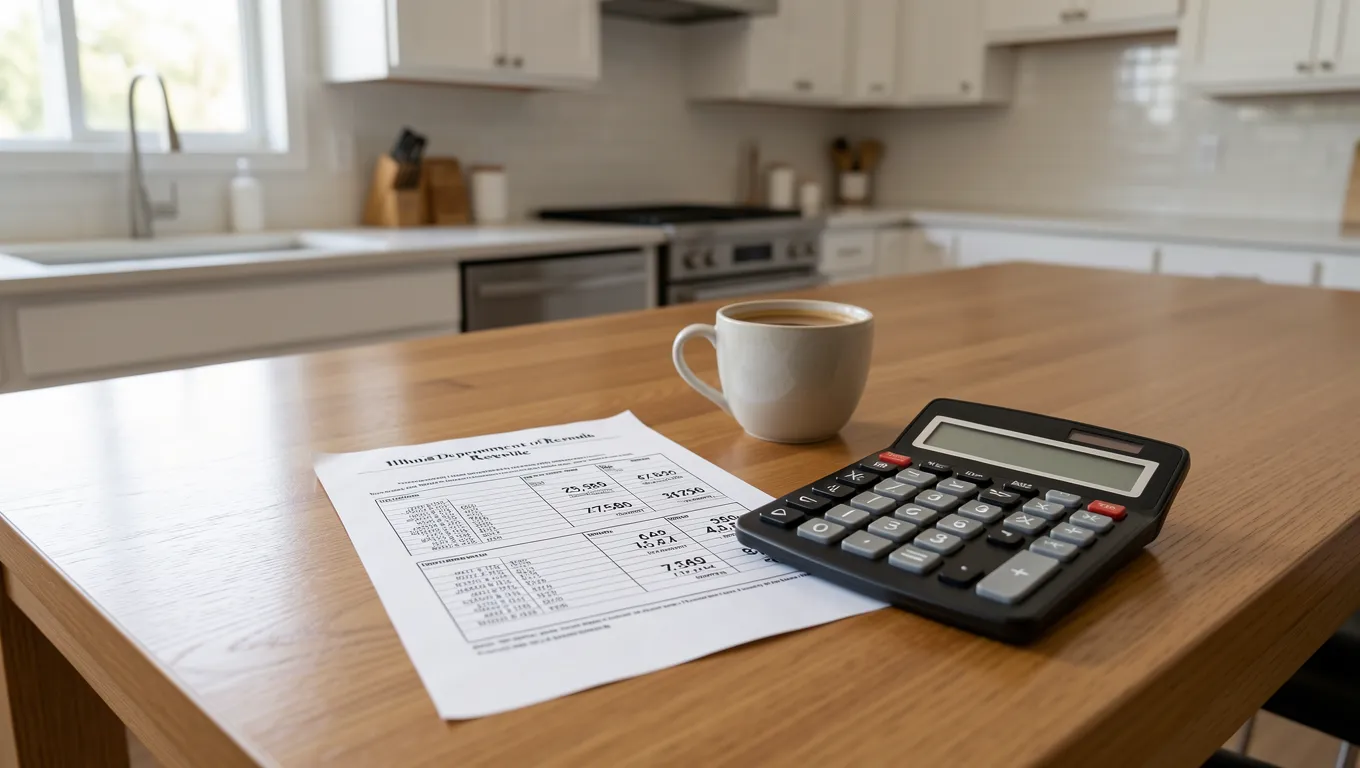 Tax forms and a calculator on a wooden table in a bright room