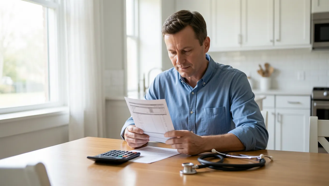 A person reviewing medical bills and financial documents on a wooden table