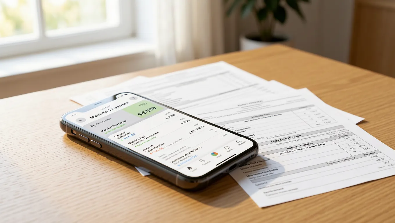 Smartphone showing a finance app next to medical invoices