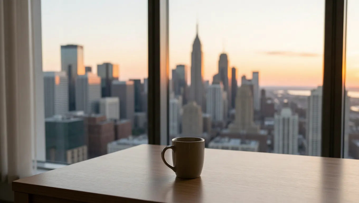 Chicago skyline viewed from an apartment window at sunset
