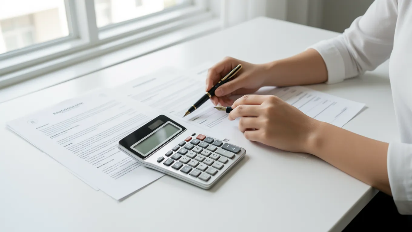 Person calculating loan terms with a calculator and pen