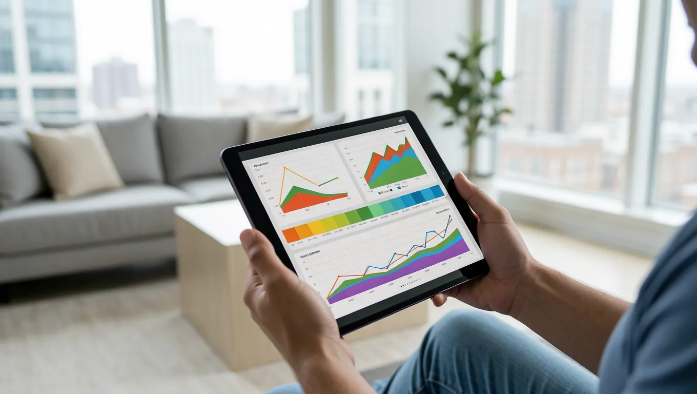 Hands using a tablet to compare financial data and rates