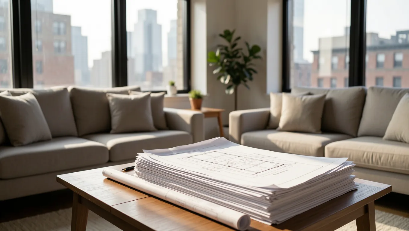 Home renovation plans on a sunlit table in an Illinois apartment