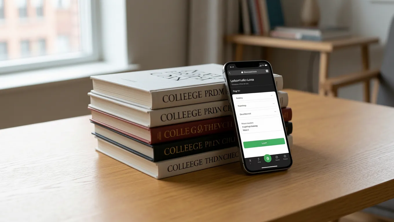 Student loan books and a smartphone showing a loan app
