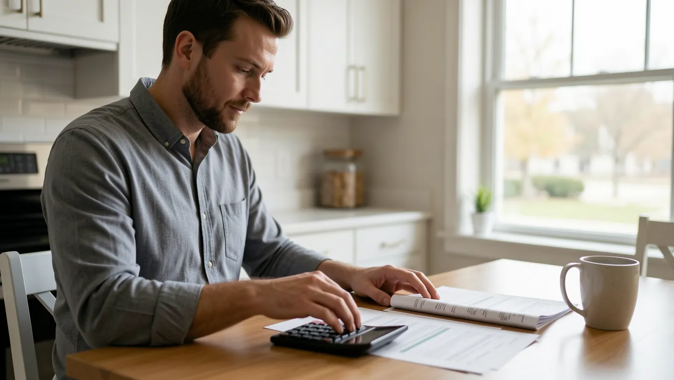 Person calculating debt and finances at a kitchen table