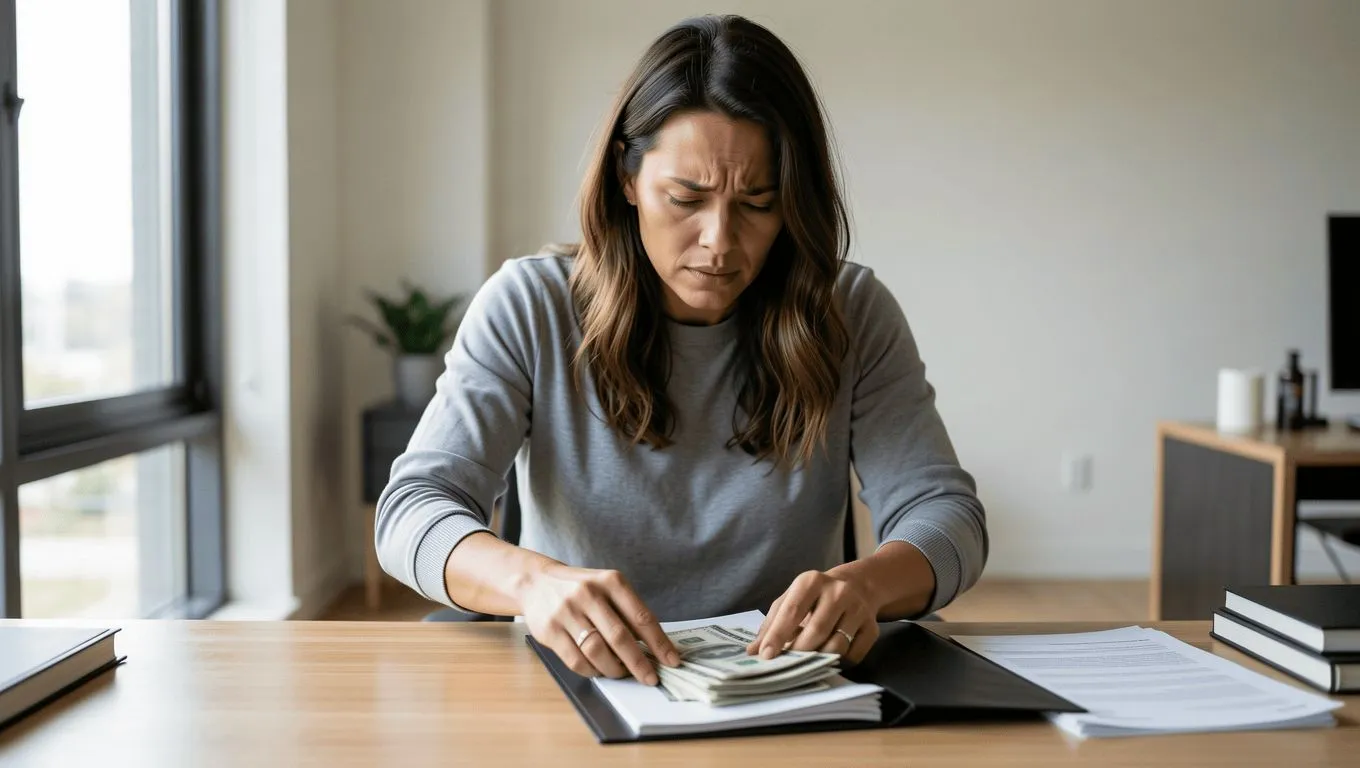 Person shredding multiple bills for cash advance relief in Illinois.