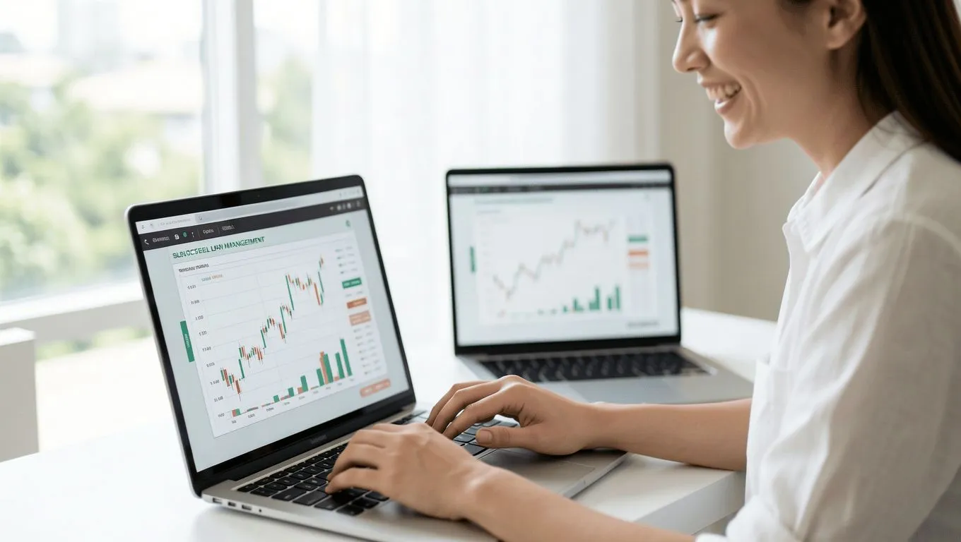 <alt>Successful loan applicant managing finances online.