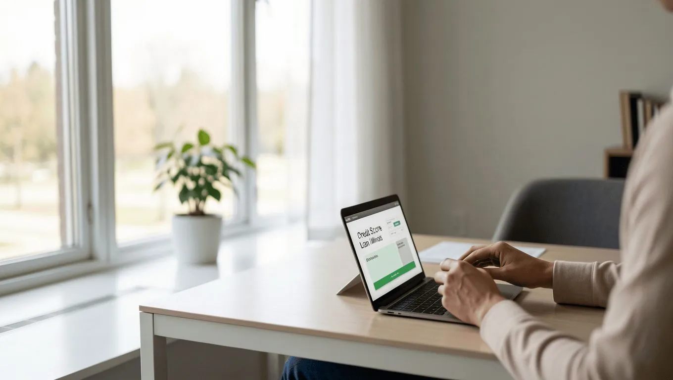 <8-12 word alt>Fair credit loan applicant reviewing options at home.